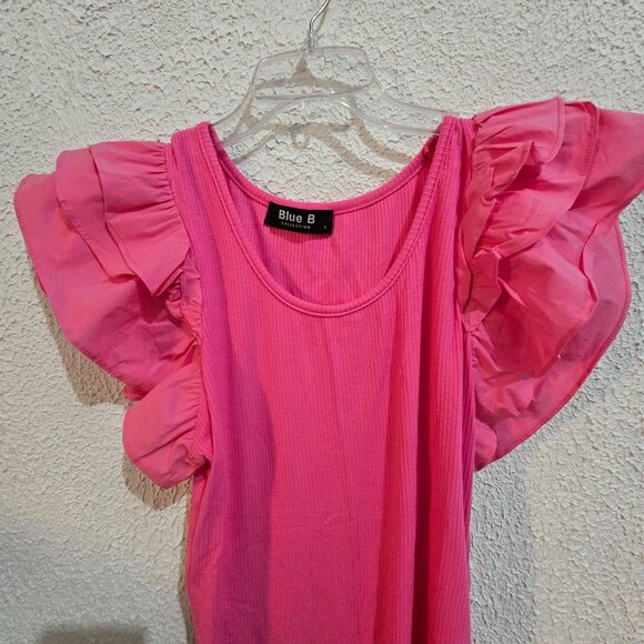 Barbiecore Ruffled Pink Bodysuit Size L Ribbed Texture & Puff Sleeves By Blue B - Picture 4 of 5